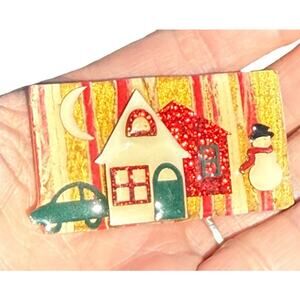 House Pin By Lucinda Christmas Brooch Red Green Enamel Vintage 3D House Scene 33